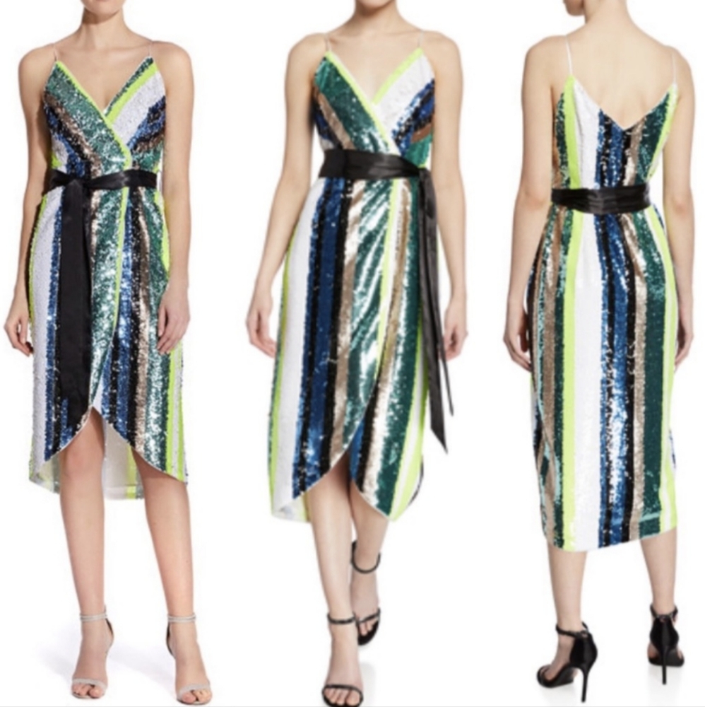 Aidan Mattox Sequin Striped Midi Wrap Dress Sz 6